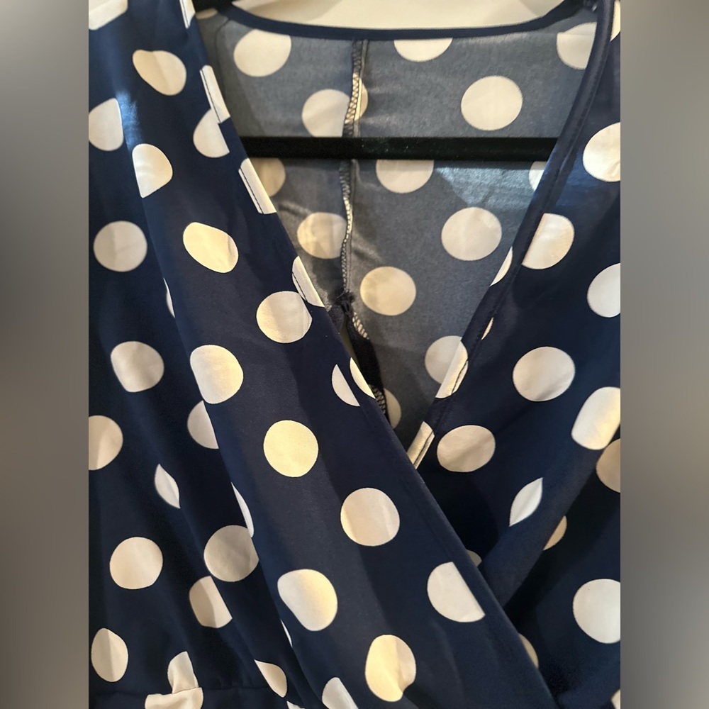 Blue & White Polka Dot Ruffled Dress with Ruching - Picture 9 of 11